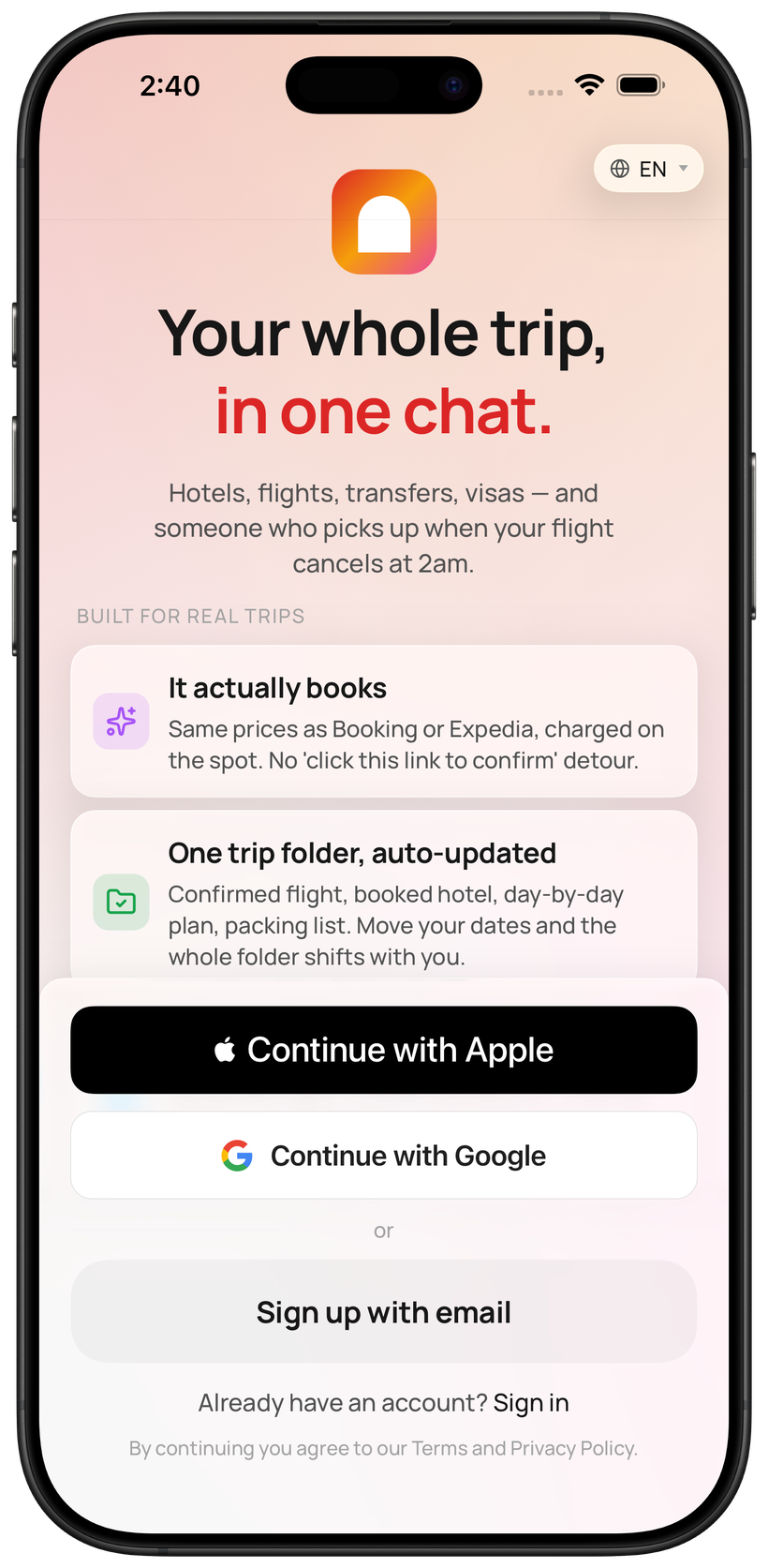 GetMyHotels app — plan your whole trip in one chat