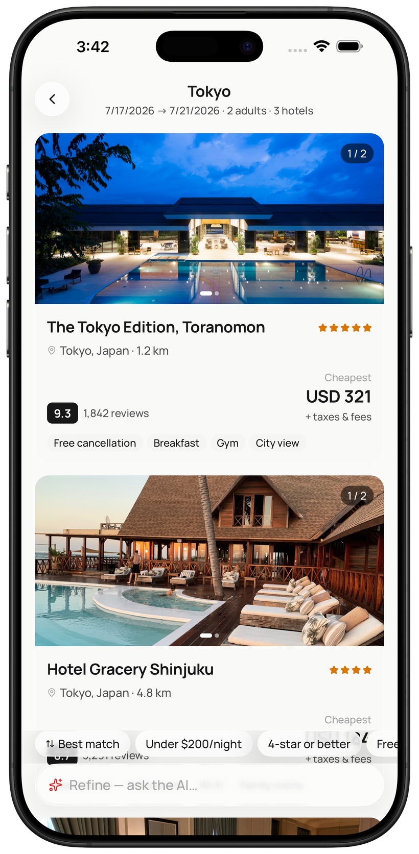 GetMyHotels app hotel results