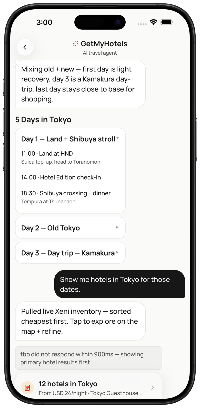 GetMyHotels app planning a trip itinerary in chat