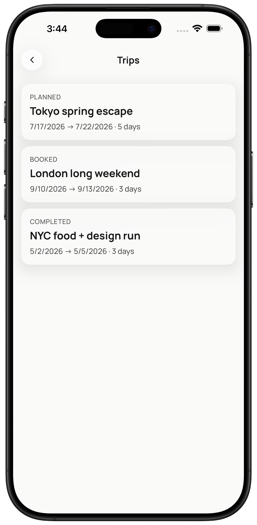 GetMyHotels app trip folder with synced bookings