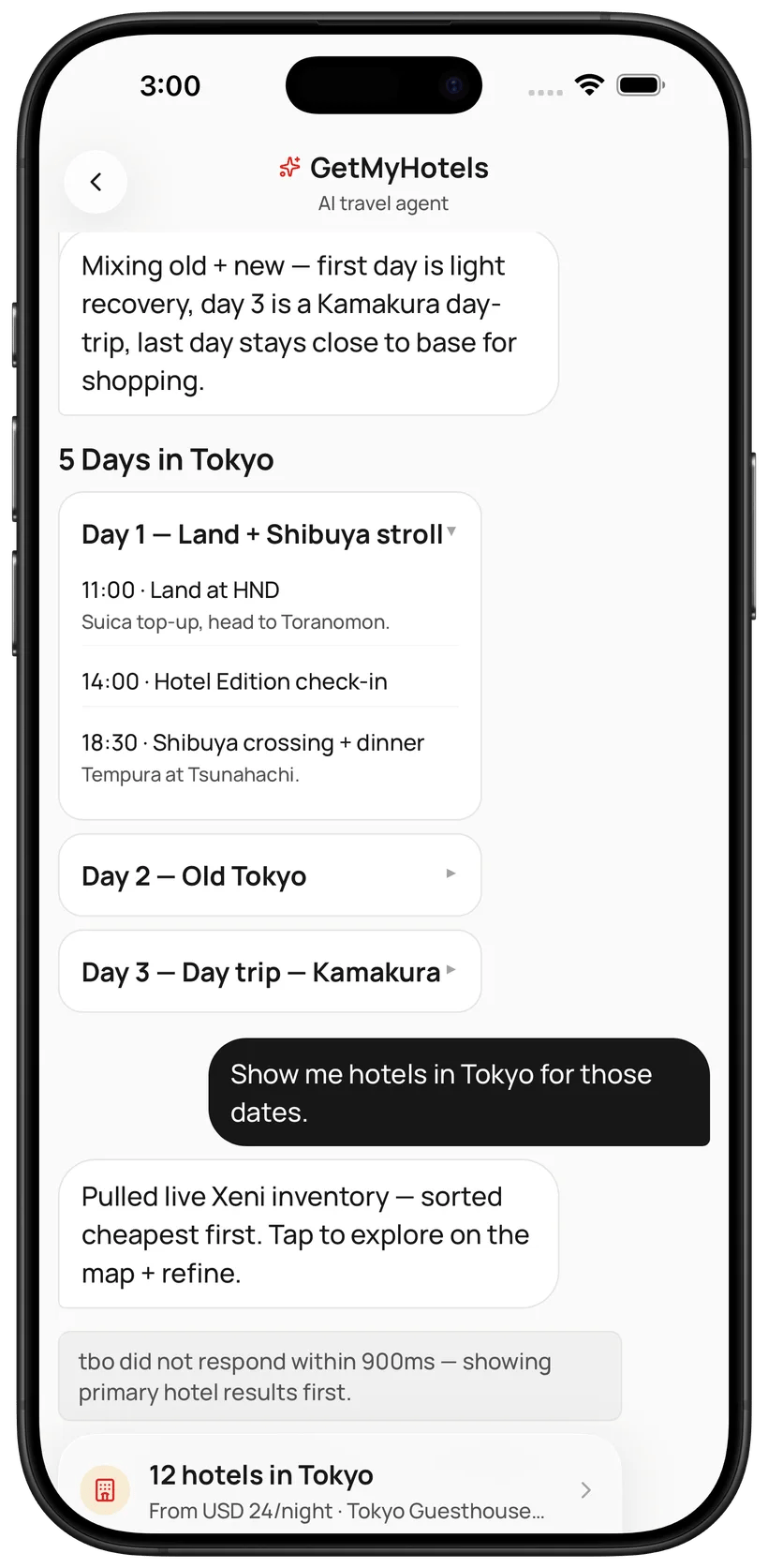 GetMyHotels app planning a 5-day Tokyo itinerary in chat